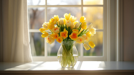 daffodils bouquet in vase at the window. Springtime