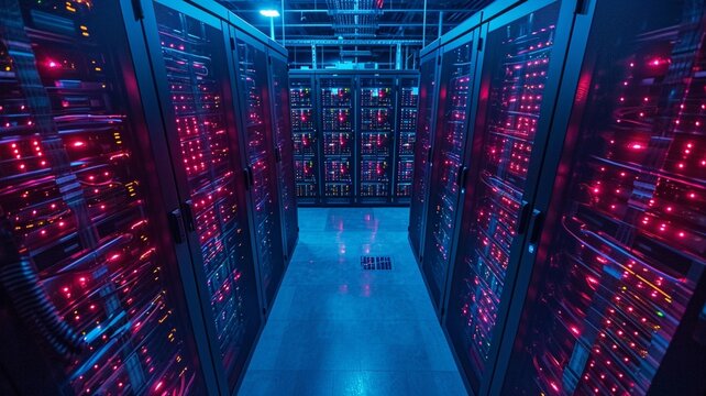 bird's-eye view, array of secure servers in a data center, top view in room, industrial area, evening, LED lights, secure, Drone Camera, generative ai.