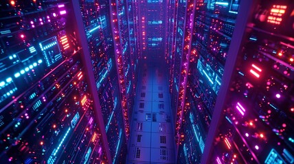 bird's-eye view, array of secure servers in a data center, top view in room, industrial area, evening, LED lights, secure, Drone Camera, generative ai.