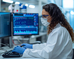 Scientist in a lab coat and face mask working with data on a computer in a research facility. Medical research and technology concept with copy space. Design for banner, science poster, educational wa