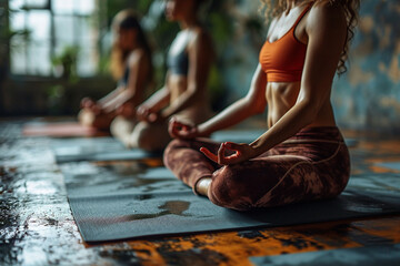 Women sitting on yoga mats meditating - obrazy, fototapety, plakaty
