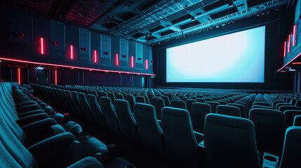 Empty cinema theater with rows of red seats facing a large blank movie screen, ready for a film to be projected.