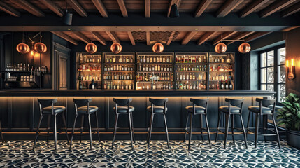 Elegantly designed bar interior with a blue and dark wood color scheme