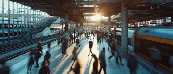 Dawn's light floods the bustling train station, where silhouettes of commuters dance in the rhythm of urban flow