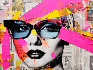 Modern paper art photo collage, with portrait of beautiful women wearing sunglasses. Colorful, trendy, contemporary art.
