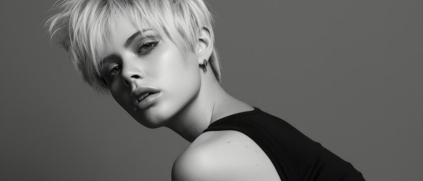 A monochromatic portrait captures a model's edgy haircut and intense gaze, echoing modern sophistication and style