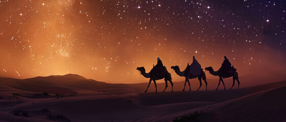 Under a celestial tapestry, a caravan of camels treks through the desert, a scene from an Arabian fable