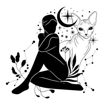 Mystical black cat. Moon, sun, grass, stars. Esoteric symbols, tattoo, logo. 
