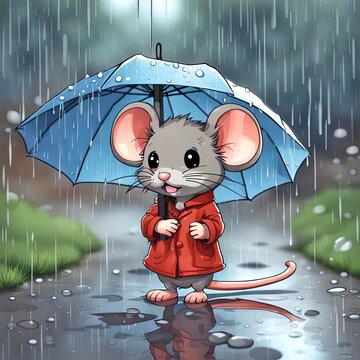 Cute gray mouse wearing a red coat under a blue umbrella with raindrops