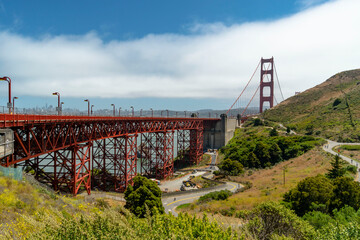golden gate bridge in San Francisco with blue sky and fog