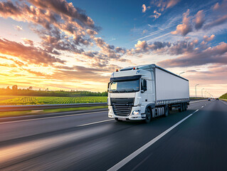 White delivery truck on highway at sunset. Fast and reliable logistics and freight transportation concept
