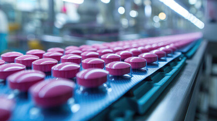 Industrial pharmaceutical production line with a series of purple capsules organized in rows on a conveyor belt - obrazy, fototapety, plakaty