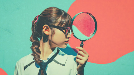 Vertical creative collage image of curious interested girl look magnifier loupe detective investigate billboard comics zine minimal concept