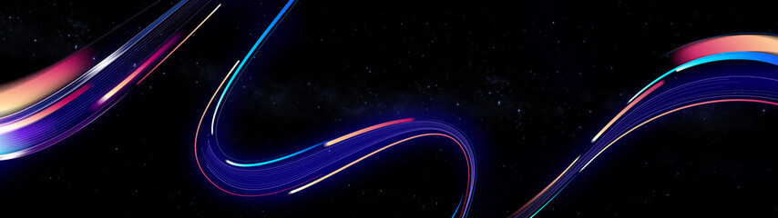 Obraz premium Dark abstract background with glowing wave. Shiny moving lines design element. Modern purple blue gradient flowing wave lines. Futuristic technology concept.