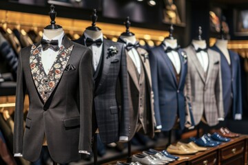 Boutique offers fashionable clothes and suits for sale, showcasing luxury and elegance for discerning individuals.