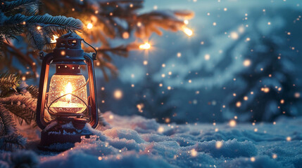 Winter snow background with lamp and candle. Empty space for your product. Warm light of fire. Chrismtas time and blurred landscape of mountains. Cold december time and mockup for your decoration. 