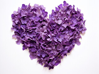 Fototapeta premium Heart made with petal of purple flowers on white background with copy space
