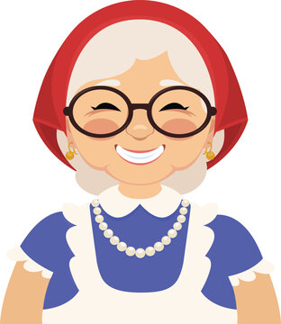 Vector illustration portrait of a cute kind village old lady. A senior woman dressed in rustic style who wears a headscarf, apron and old fashioned jewelry.