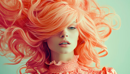 Fototapeta premium A bold and vibrant woman with a pink hairpiece stands confidently, her ringlets cascading over her red hair in a stunning hairstyle, showcasing her unique and daring sense of style after a daring mak