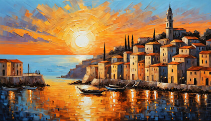 Abstract Coastal Town Sunset Oil Painting