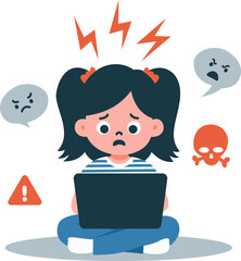 Flat vector illustration. A girl is sitting at her laptop and is afraid. The laptop has forbidden content for children . Vector illustration