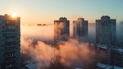 Residential Apartment home Buildings covered in fog at winter sunrise. Modern Cityscape