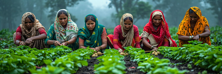 indian women working in the field in the countryside