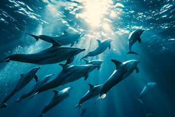 A mesmerizing scene unfolds as a pod of sleek dolphins gracefully glide through the crystal clear waters, their fins cutting through the aquatic world with effortless beauty