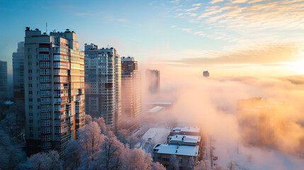 Residential Apartment home Buildings covered in fog at winter sunrise. Modern Cityscape