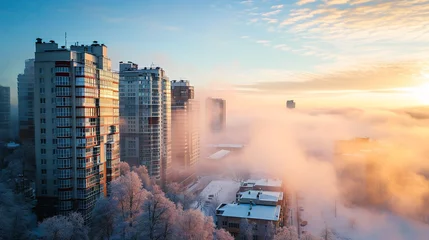 Crédence de cuisine en verre imprimé Matin avec brouillard Residential Apartment home Buildings covered in fog at winter sunrise. Modern Cityscape