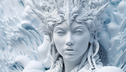 beautiful snow-white fembot ice sculpture with emotive eyes and snowy hair in a bright white suit on a blue ice glacier during a snowstorm