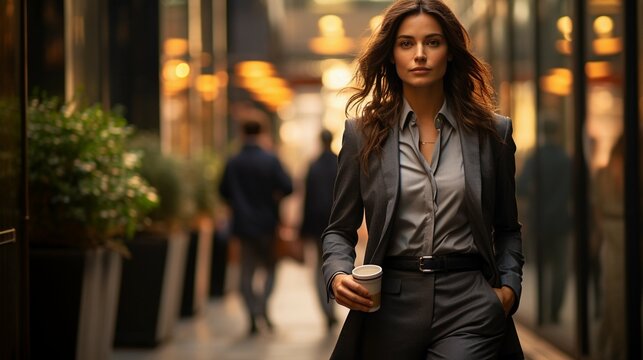 Business woman walking to work with a take away coffee in her hands. Healthy lifestyle and habits for the walk to work day. Copy space for text