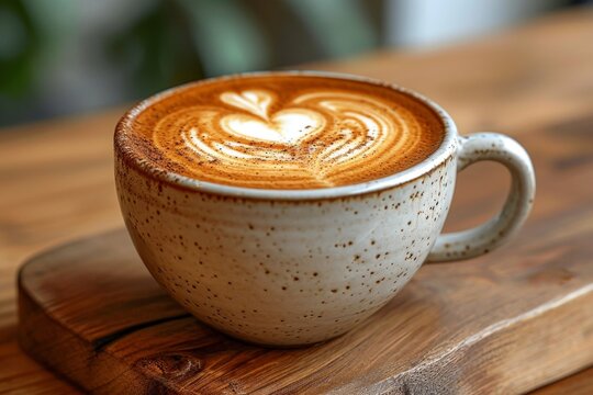 Cup of Coffee with Heart-shaped Foam: Image: A neatly composed shot of a coffee cup with a heart-shaped foam pattern