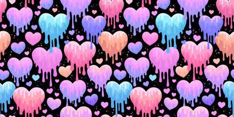 Vector seamless pattern of liquid flowing colorful hearts