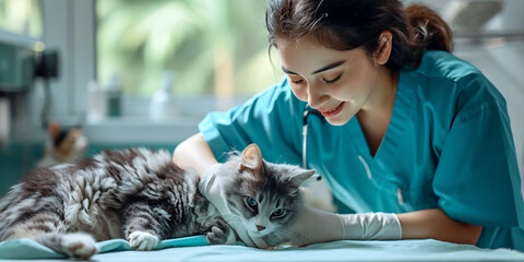 Veterinarian examining a grey tabby cat. Focused pet healthcare and animal diagnosis concept. Design for veterinary medicine brochure, pet clinic services, animal care poster

