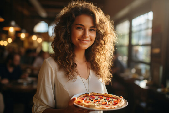 A hungry young woman enjoying a tasty pizza in an indoor setting, portraying a moment of satisfaction and delight.