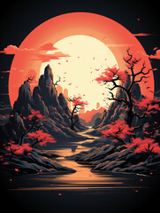 T-shirt design, Chinese traditional festival Mid-Autumn Festival, the moon, mountains, lakes, minimalist scenery created with Generative Ai