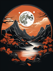 T-shirt design, Chinese traditional festival Mid-Autumn Festival, the moon, mountains, lakes, minimalist scenery created with Generative Ai