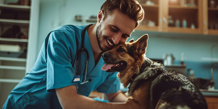 Male veterinarian bonding with German Shepherd dog. Animal healthcare and veterinary profession concept. Design for pet care education, vet clinic promotional material, animal welfare poster