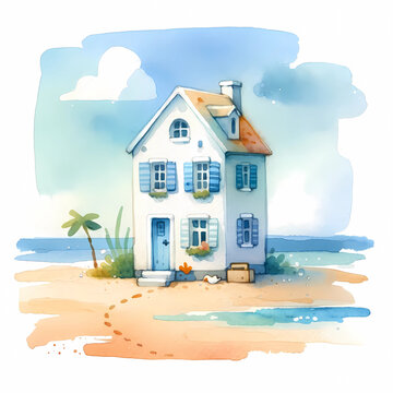 Watercolor illustration of a house on the beach.