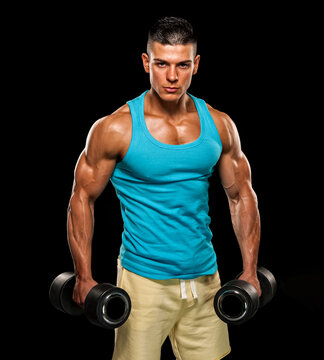 Fitness Men Exercise With Dumbbells, Lifting Weights
