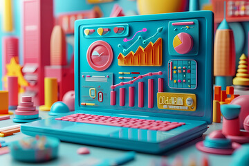 A vibrant indoor adventure awaits as a playful blue laptop showcases its lego-inspired graphics - obrazy, fototapety, plakaty