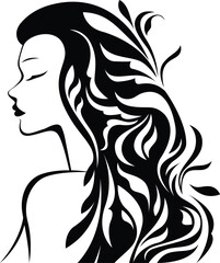 Vector stylized silhouette of a girl with long hair in a pattern in profile template logo or an abstract concept for beauty salons, spa, cosmetics, fashion and beauty industry. Abstract logo woman fac