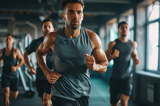 Determined man practicing jogging with male friends during exercise class in gym.