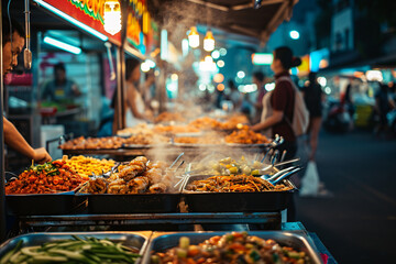 Assorted dishes and skewers at a twilight street food market. Culinary travel and local cuisine concept. Design for travel culinary guide, street food festival poster, local market promotion
 - obrazy, fototapety, plakaty