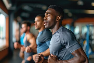 Determined man practicing jogging with male friends during exercise class in gym.