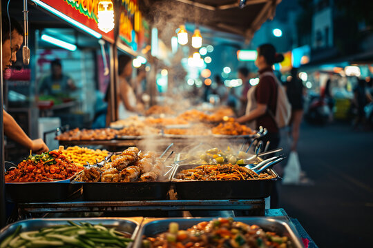Assorted dishes and skewers at a twilight street food market. Culinary travel and local cuisine concept. Design for travel culinary guide, street food festival poster, local market promotion

