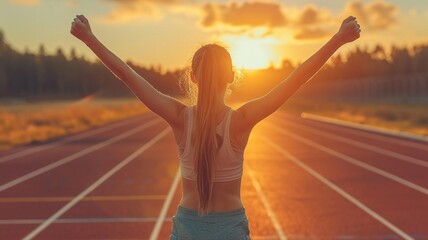 Fototapeta na wymiar A young sporty girl with her arms raised celebrating victory, on a running track at sunset, generative ai