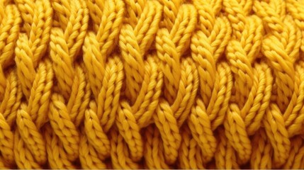 Fototapeta premium Knitted texture of yellow wool threads close-up. Texture of a yellow knitted sweater. Realistic large yellow knitting 3D background. Collection of knitted backgrounds. Generative ai.