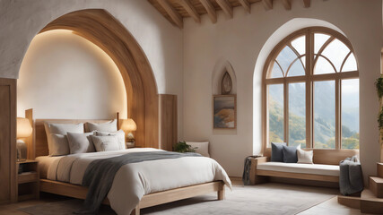 Ultra realistic  photo of Modern take on  rivendell inspired small condo white cream stone, light wood round arches interor view of bedroom